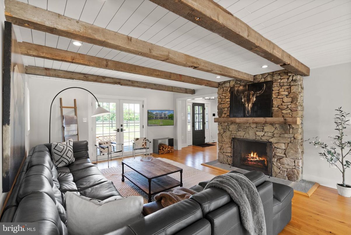 Fireplace, Interior, Living room, Recessed Lighting, Stone Walls, Wooden Beams, Wood Texture Flooring