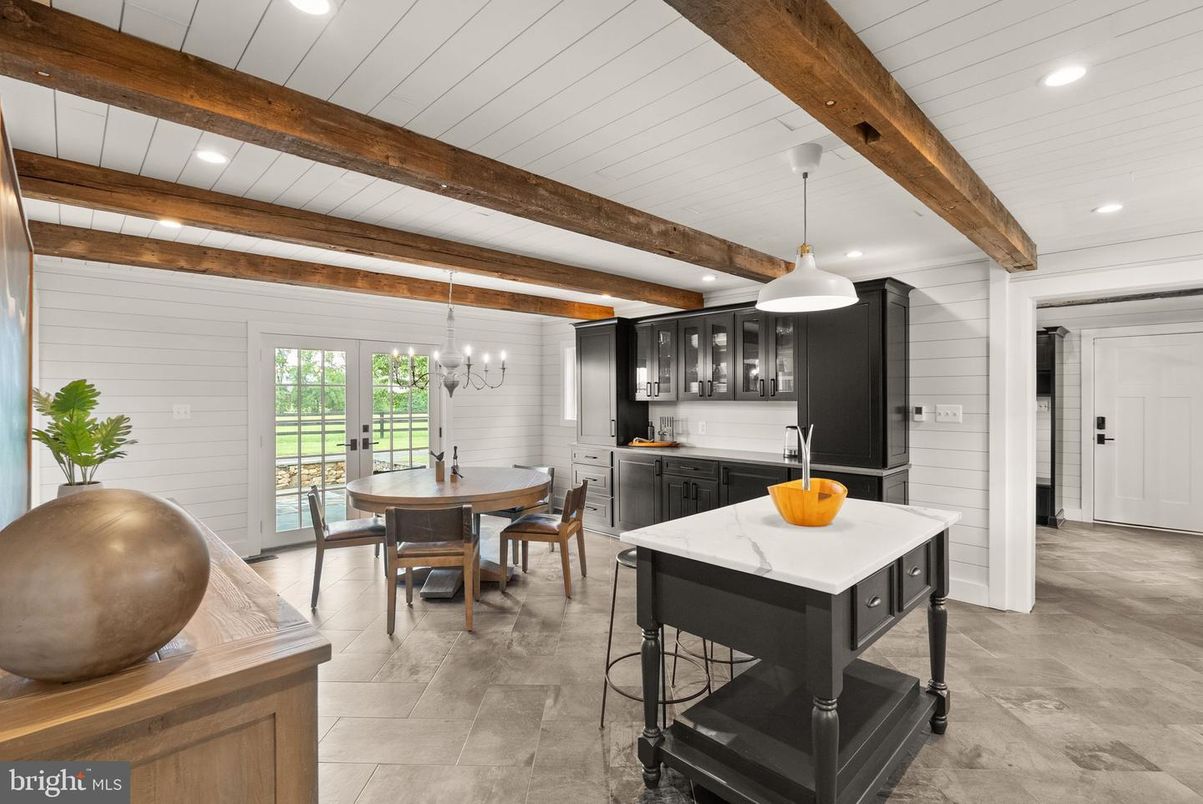 Dining room, Interior, Kitchen, Pendant Lights, Recessed Lighting, Wooden Beams