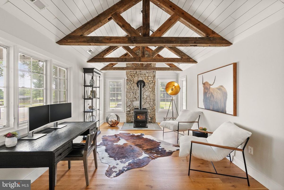 Fireplace, Home Office, Interior, Living room, Stone Walls, Wooden Beams, Wood Texture Flooring