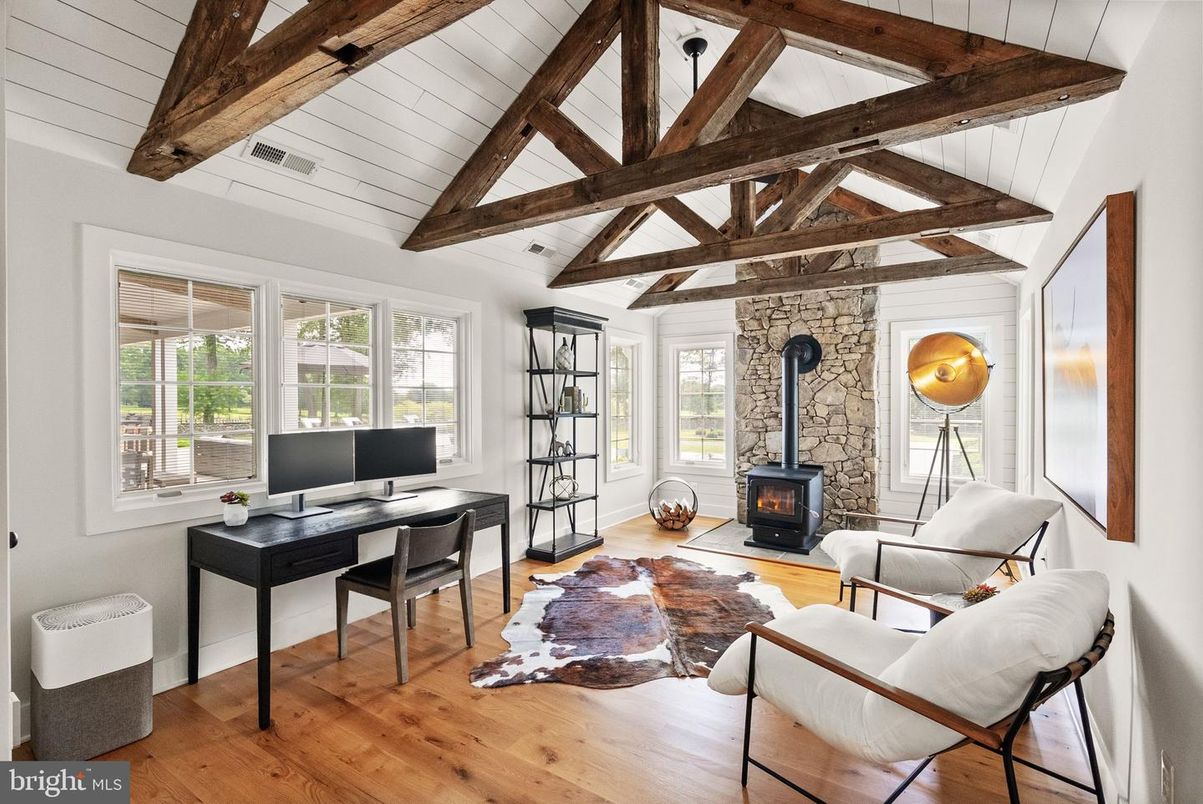 Fireplace, Home Office, Interior, Stone Walls, Wooden Beams, Wood Texture Flooring