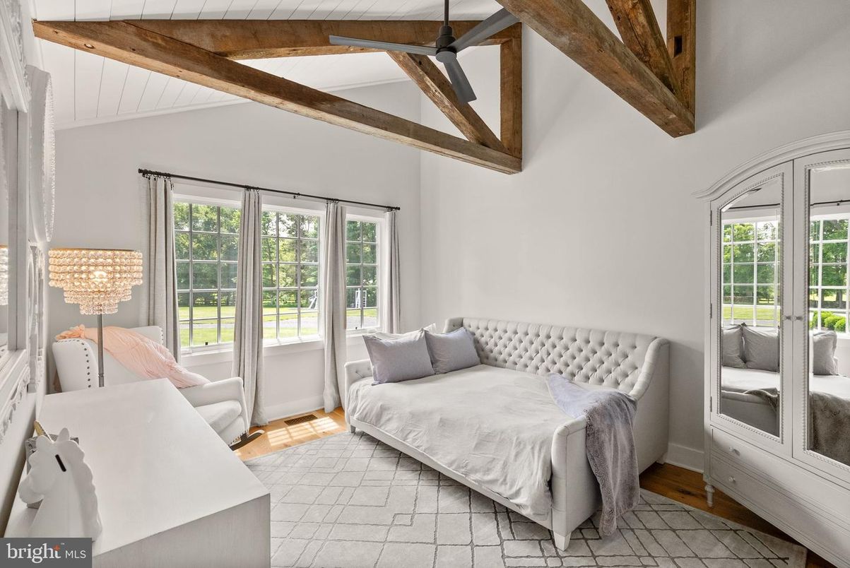 Bedroom, Chandelier, Interior, Wooden Beams, Wood Texture Flooring