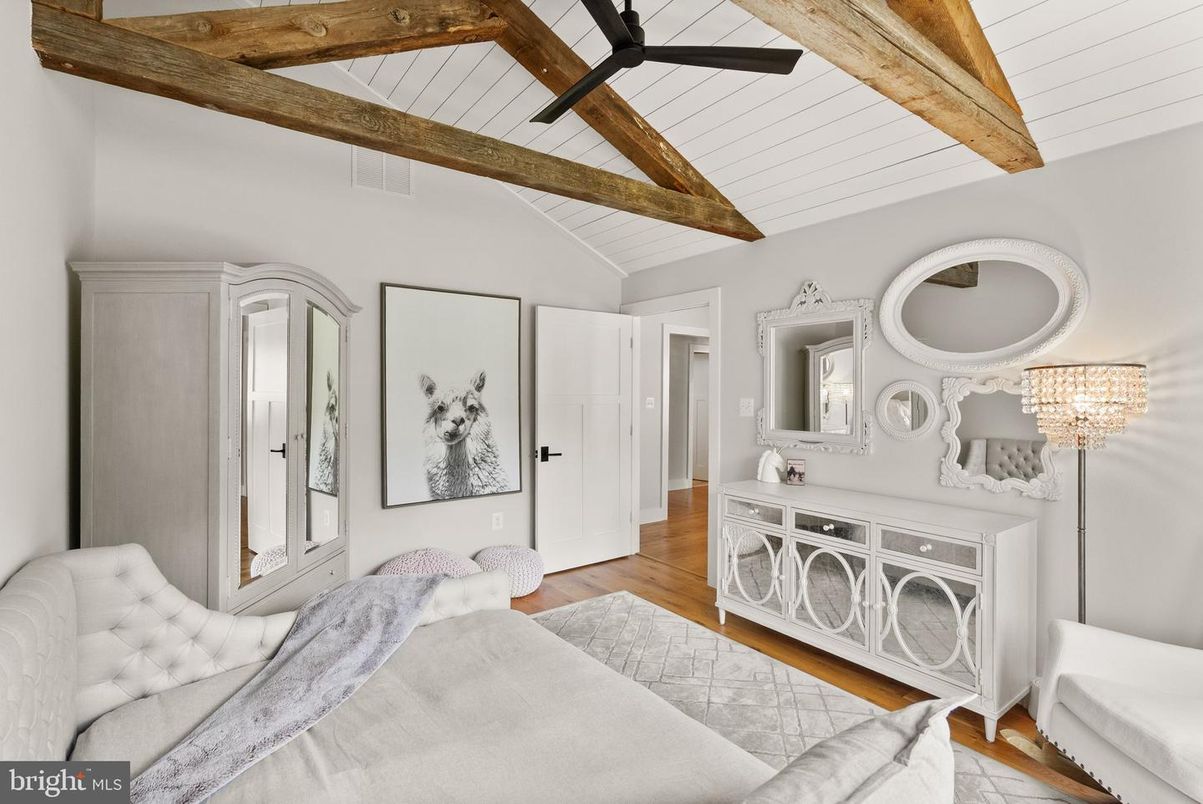 Bedroom, Chandelier, Interior, Wooden Beams, Wood Texture Flooring