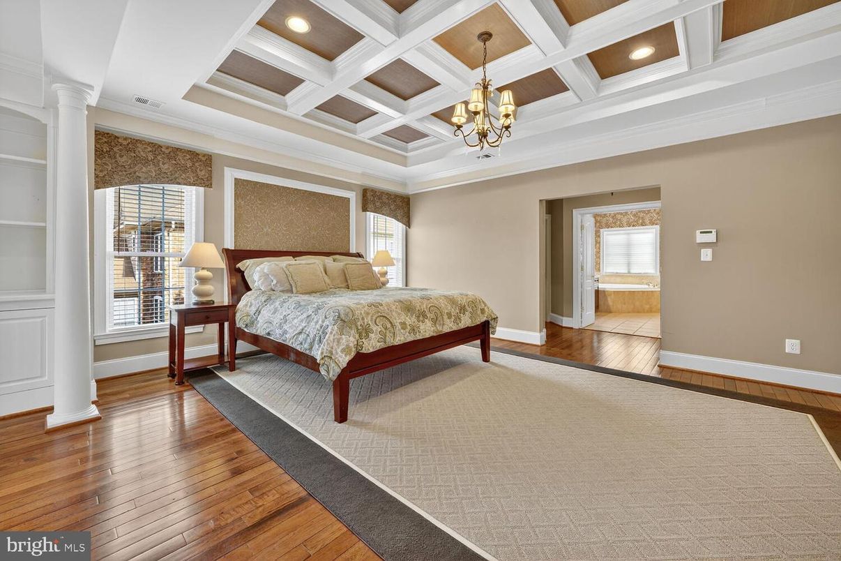 Bedroom, Chandelier, Interior, Recessed Lighting, Wood Texture Flooring