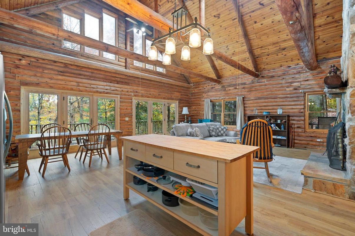 Dining room, Fireplace, Interior, Pendant Lights, Wooden Beams, Wooden Ceilings, Wood Texture Flooring, Wooden Walls