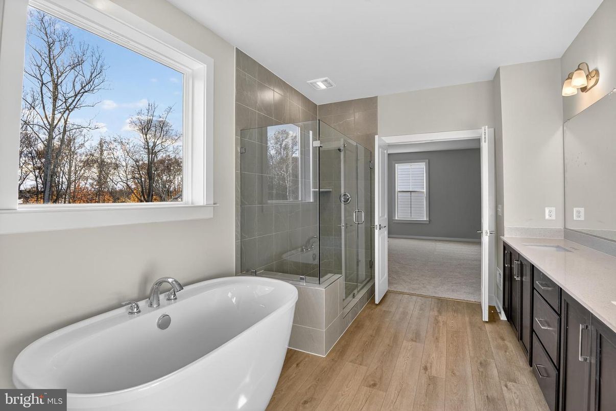 Bathroom, Free Standing Baths, Glass Shower, Interior, Wood Texture Flooring