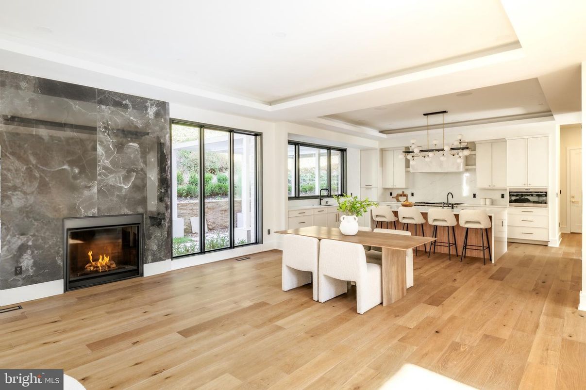 Dining room, Fireplace, Interior, Kitchen, Pendant Lights, Wood Texture Flooring