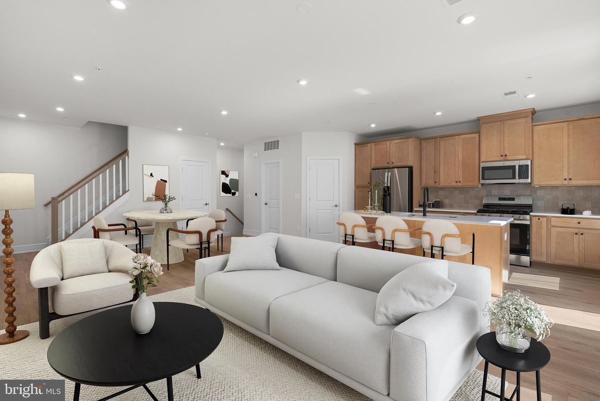 Dining room, Interior, Kitchen, Living room, Recessed Lighting, Stainless Steel Appliances, Wood Texture Flooring