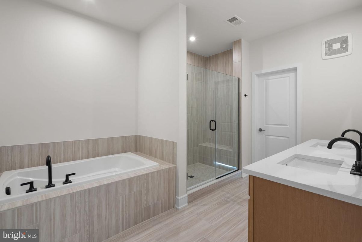 Bathroom, Glass Shower, Interior, Recessed Lighting, Wood Texture Flooring