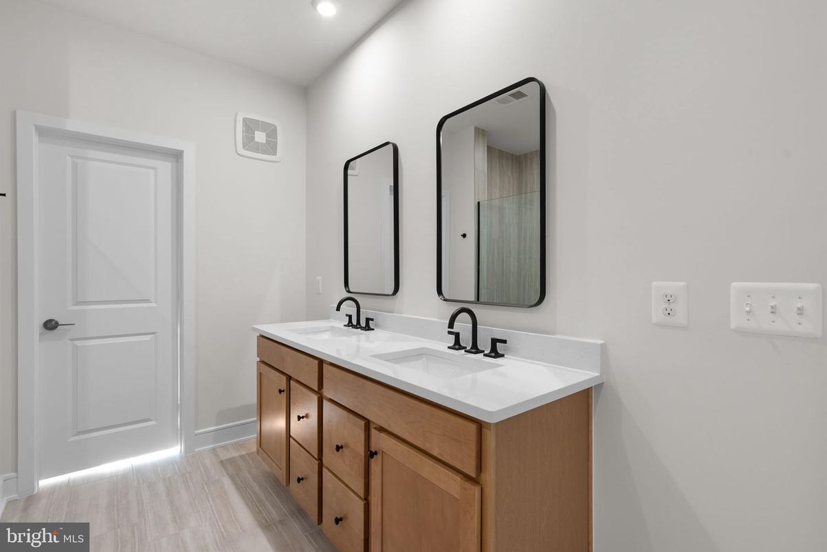 Bathroom, Dual Sink Vanities, Interior, Recessed Lighting, Wood Texture Flooring