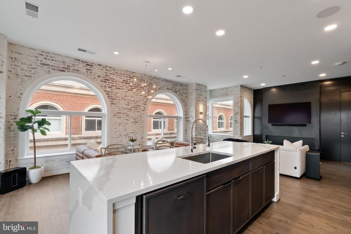 Interior, Kitchen, Pendant Lights, Recessed Lighting, Stone Walls, Wood Texture Flooring