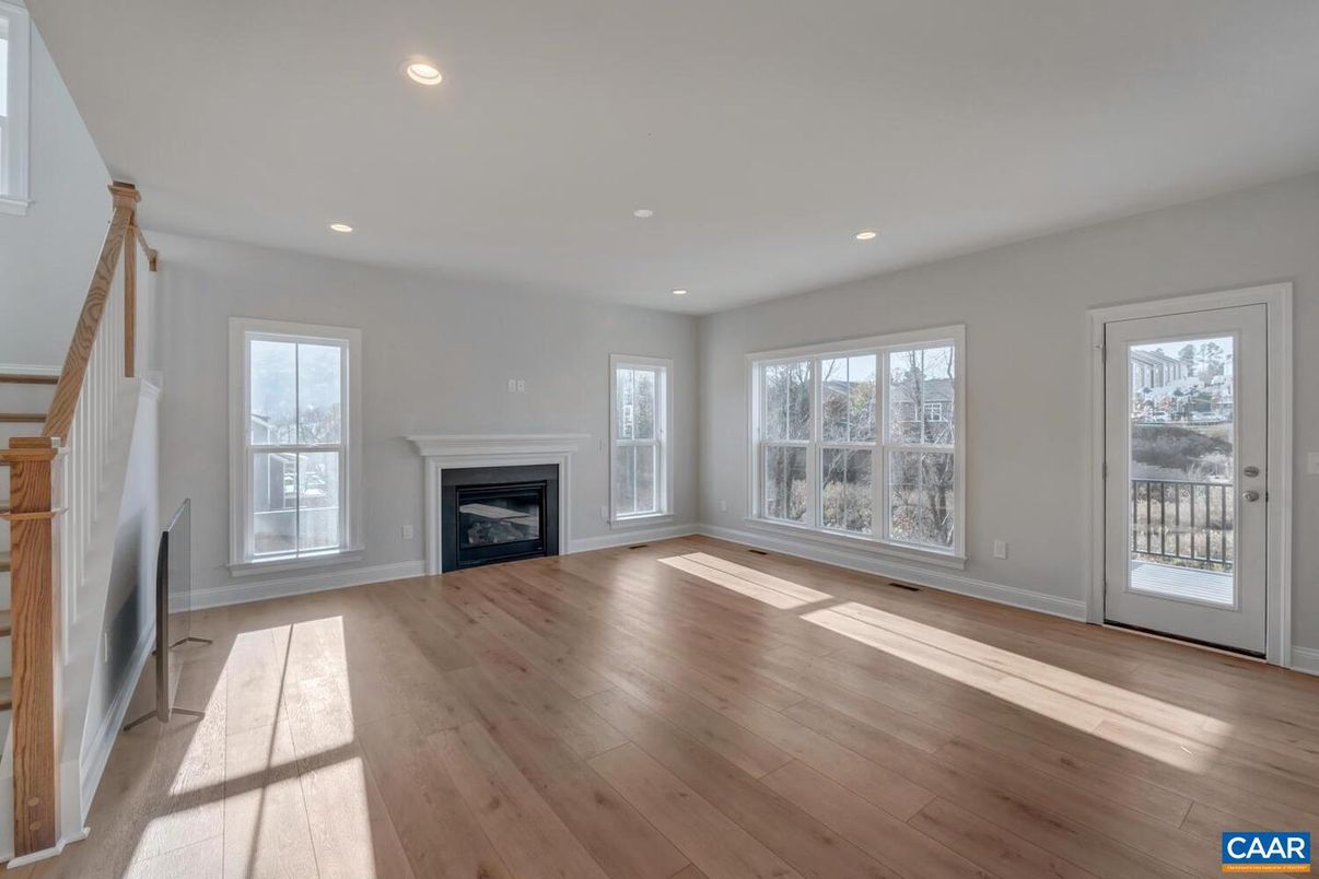 Empty room, Fireplace, Interior, Recessed Lighting, Wood Texture Flooring