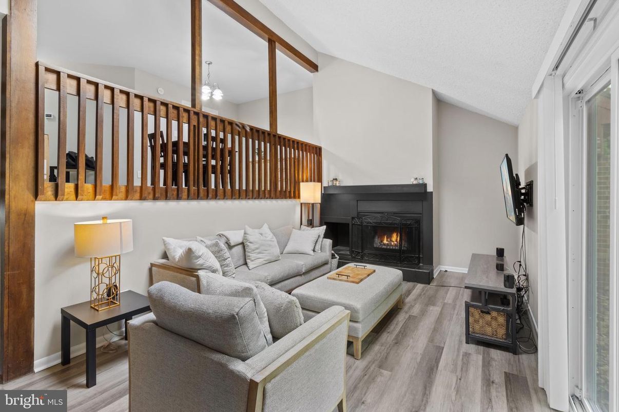 Fireplace, Interior, Living room, Pendant Lights, Wood Texture Flooring