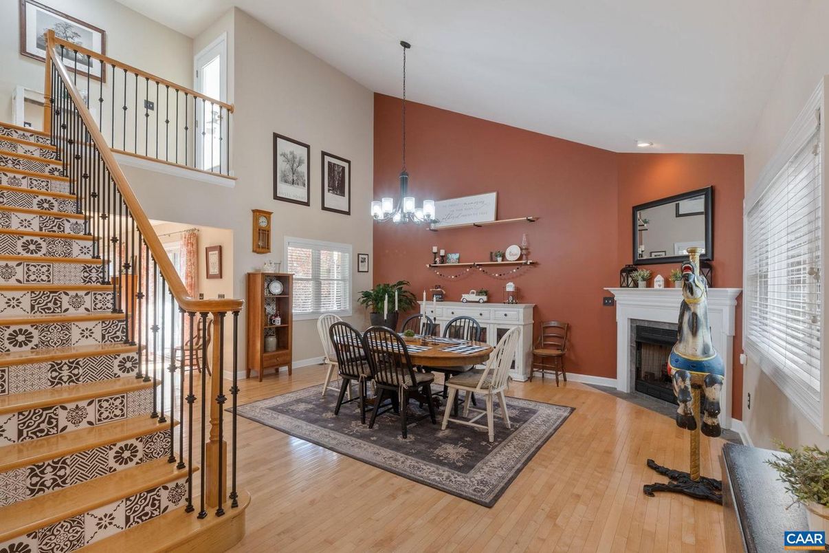 Chandelier, Dining room, Fireplace, Interior, Pendant Lights, Recessed Lighting, Wood Texture Flooring