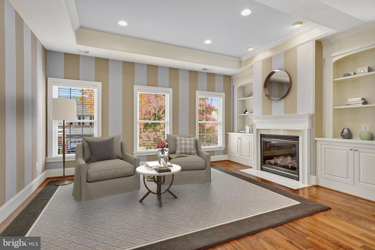 Fireplace, Interior, Living room, Recessed Lighting, Wood Texture Flooring