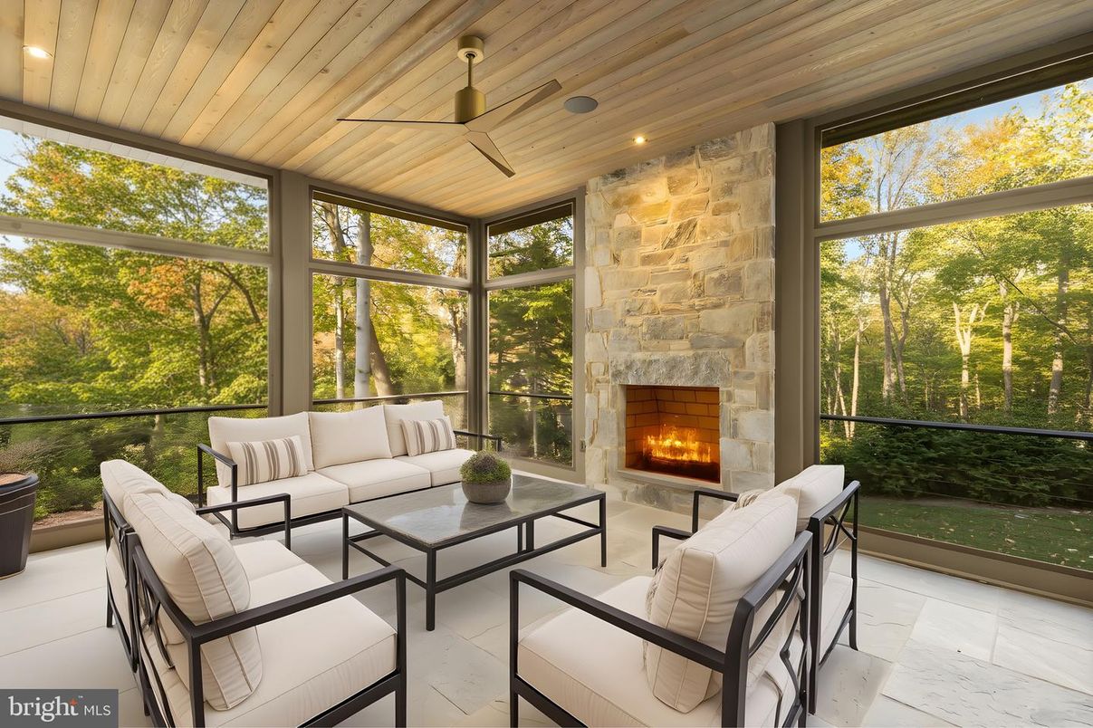 Fireplace, Interior, Living room, Recessed Lighting, Stone Walls, Sun Room, Wooden Ceilings