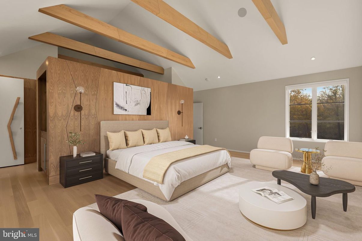 Bedroom, Interior, Recessed Lighting, Wooden Beams, Wood Texture Flooring