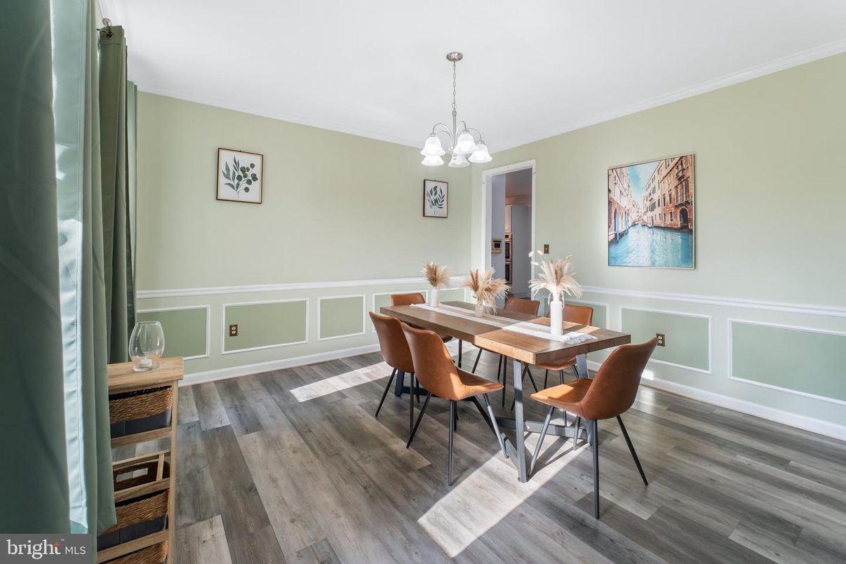 Dining room, Interior, Pendant Lights, Wood Texture Flooring