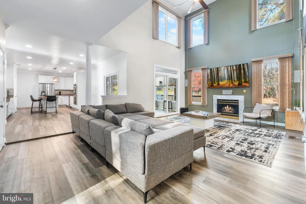 Dining room, Fireplace, Interior, Kitchen, Living room, Pendant Lights, Recessed Lighting, Wood Texture Flooring