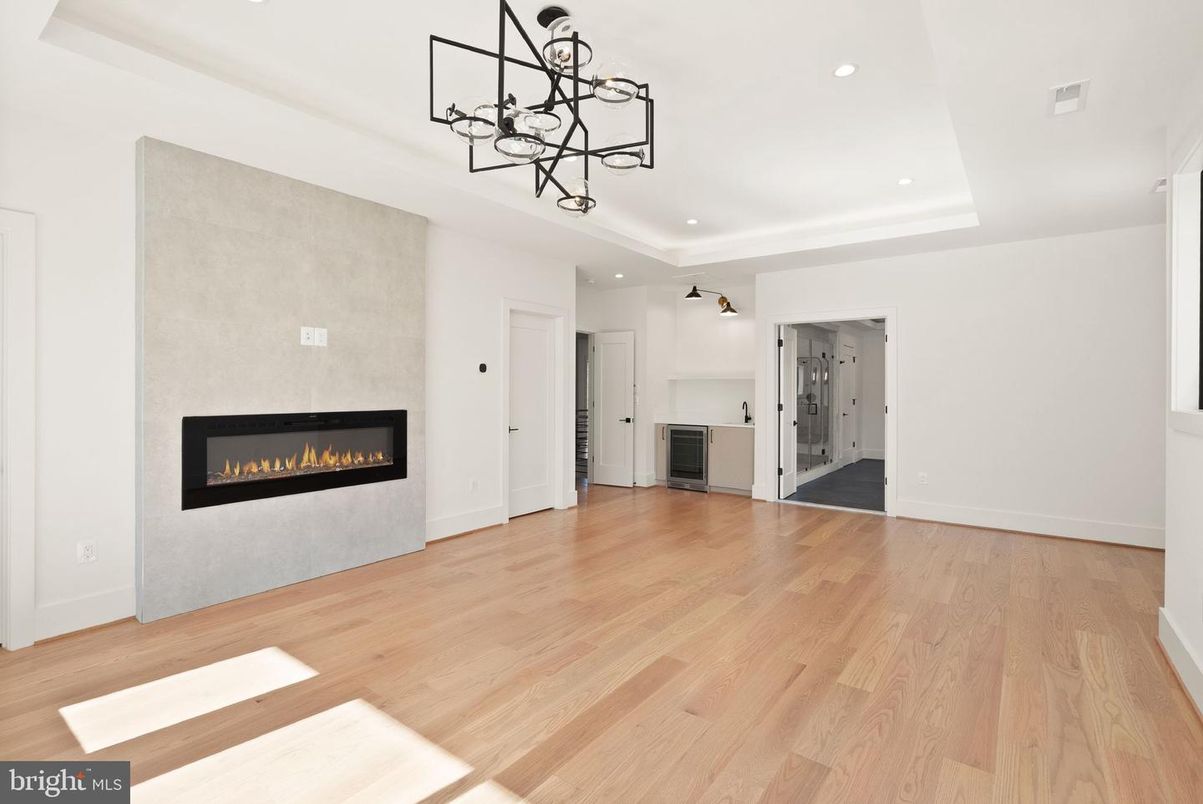 Empty room, Fireplace, Interior, Pendant Lights, Recessed Lighting, Wood Texture Flooring
