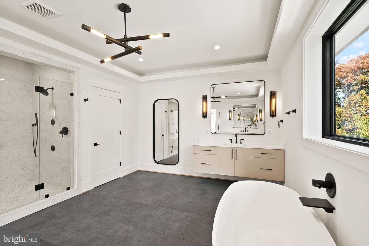 Bathroom, Dual Sink Vanities, Free Standing Baths, Glass Shower, Interior, Marble Walls, Pendant Lights, Recessed Lighting