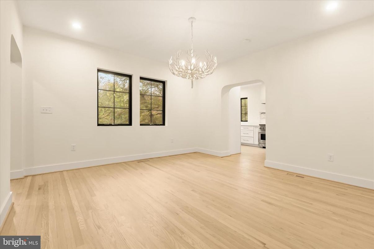 Chandelier, Empty room, Interior, Recessed Lighting, Wood Texture Flooring