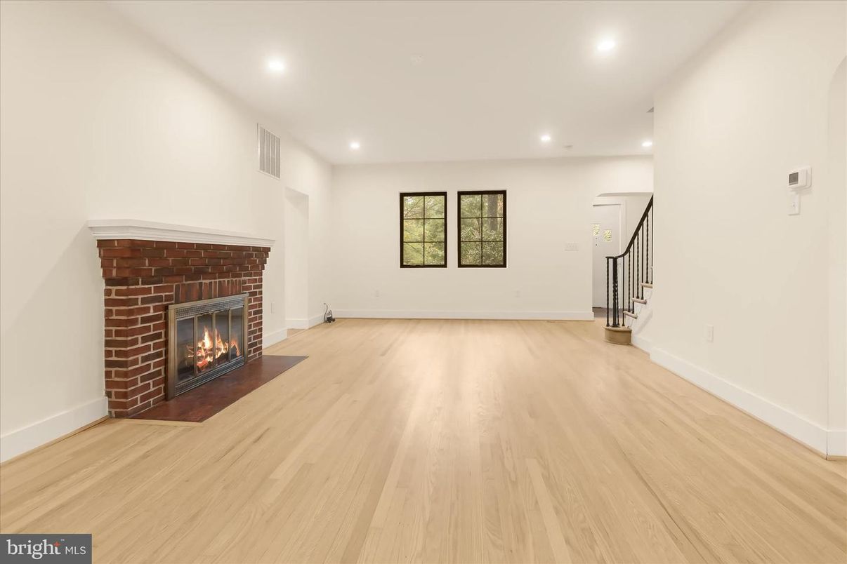 Empty room, Fireplace, Interior, Recessed Lighting, Wood Texture Flooring