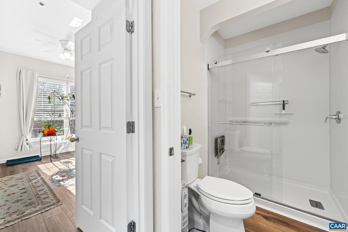 Bathroom, Glass Shower, Interior, Recessed Lighting, Wood Texture Flooring