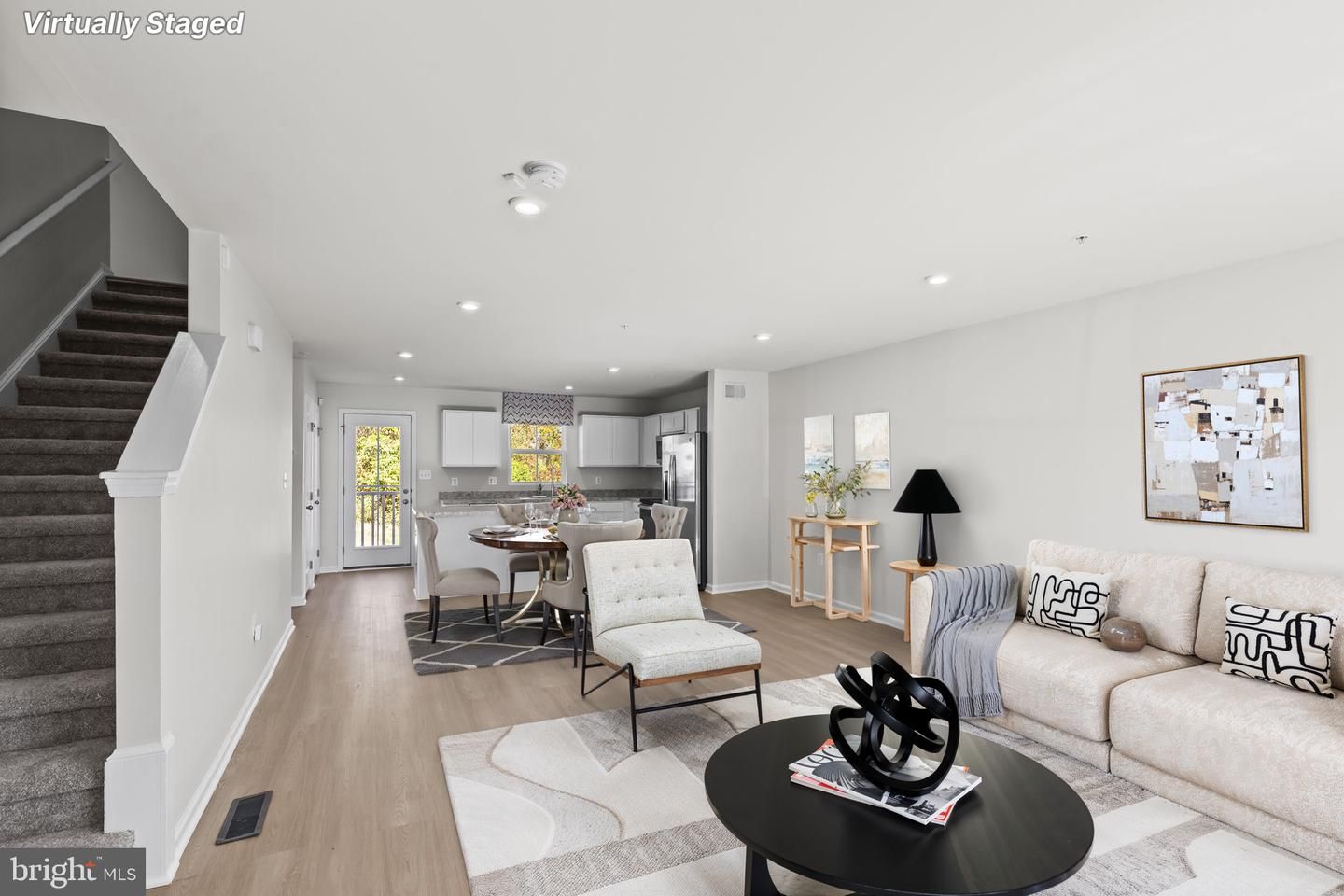 Dining room, Interior, Kitchen, Living room, Recessed Lighting, Wood Texture Flooring