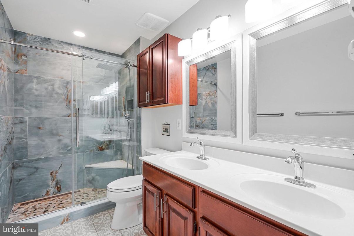 Bathroom, Dual Sink Vanities, Glass Shower, Interior, Recessed Lighting