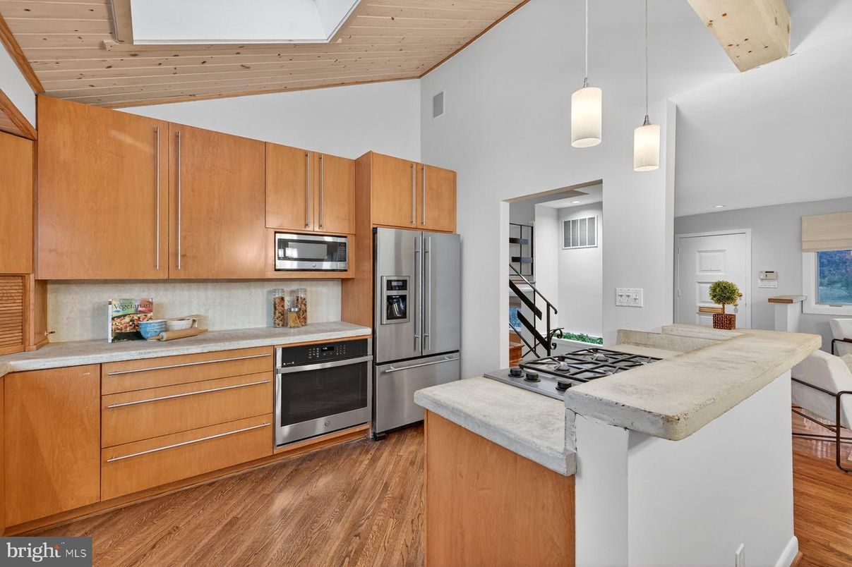 Interior, Kitchen, Pendant Lights, Stainless Steel Appliances, Wooden Ceilings, Wood Texture Flooring