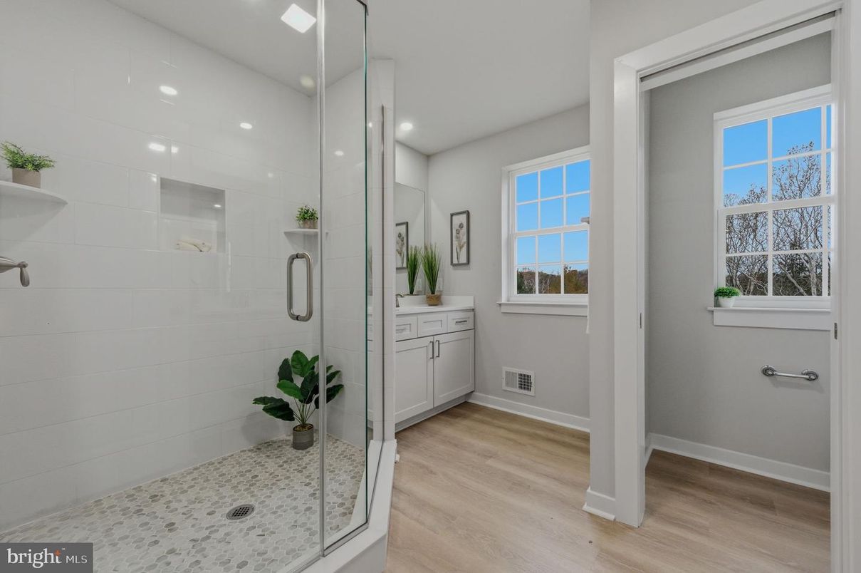 Bathroom, Glass Shower, Interior, Recessed Lighting, Wood Texture Flooring