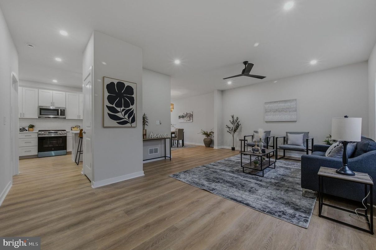 Interior, Kitchen, Living room, Recessed Lighting, Stainless Steel Appliances, Wood Texture Flooring