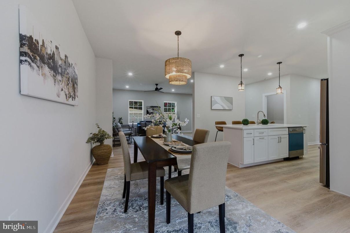 Dining room, Interior, Pendant Lights, Recessed Lighting, Wood Texture Flooring