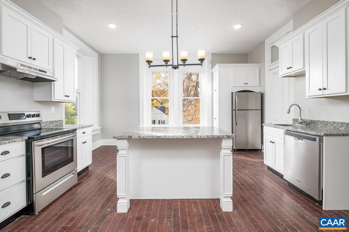 Chandelier, Interior, Kitchen, Pendant Lights, Recessed Lighting, Stainless Steel Appliances, Wood Texture Flooring