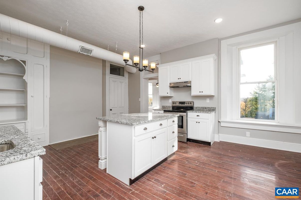 Chandelier, Interior, Kitchen, Recessed Lighting, Stainless Steel Appliances, Wood Texture Flooring