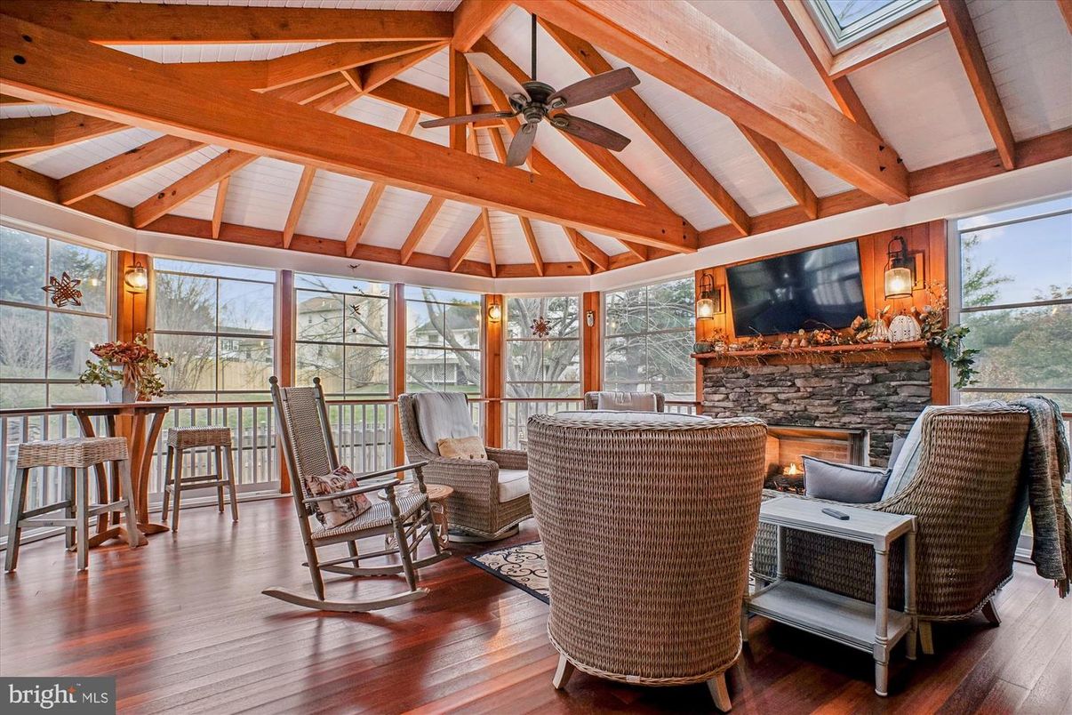 Fireplace, Interior, Sun Room, Wooden Beams, Wood Texture Flooring