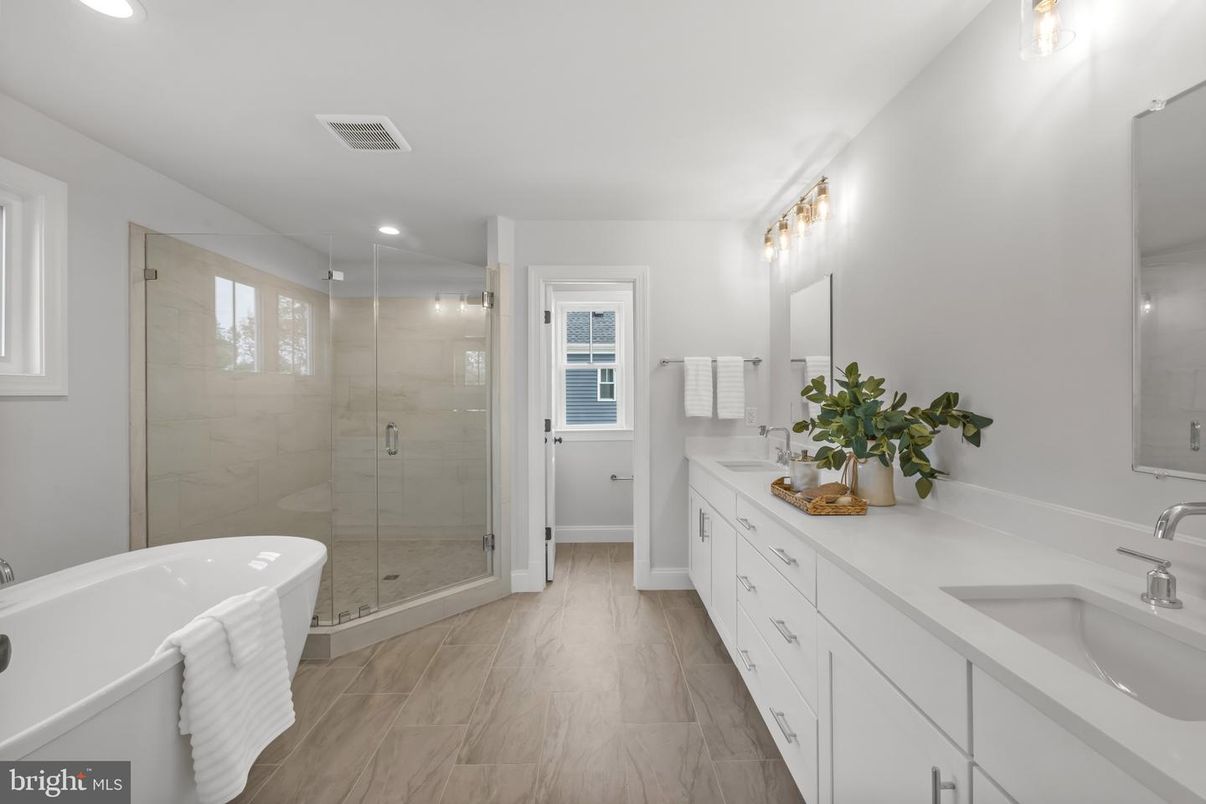 Bathroom, Dual Sink Vanities, Glass Shower, Interior, Marble Walls, Recessed Lighting