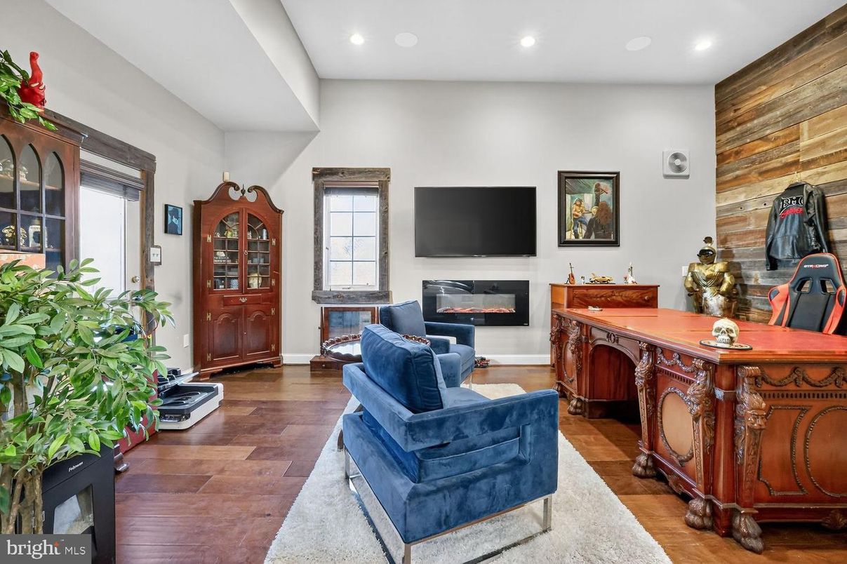 Fireplace, Interior, Living room, Recessed Lighting, Wood Texture Flooring, Wooden Walls