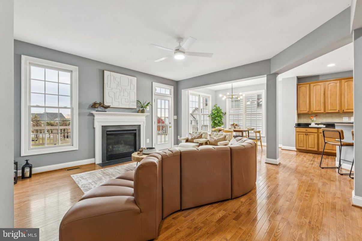 Dining room, Fireplace, Interior, Kitchen, Living room, Pendant Lights, Recessed Lighting, Wood Texture Flooring