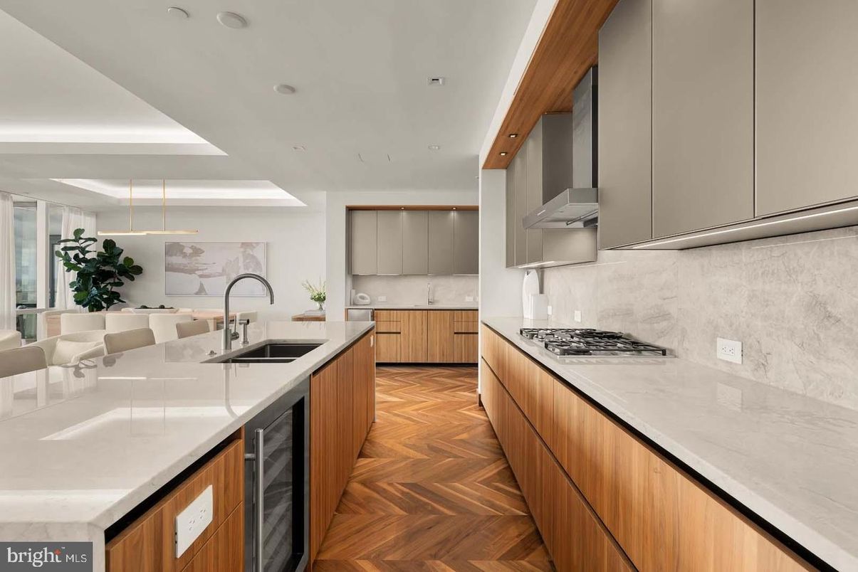 Interior, Kitchen, Marble Walls, Recessed Lighting, Wood Texture Flooring