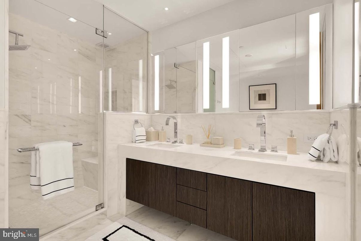 Bathroom, Dual Sink Vanities, Glass Shower, Interior, Marble, Marble Walls, Recessed Lighting