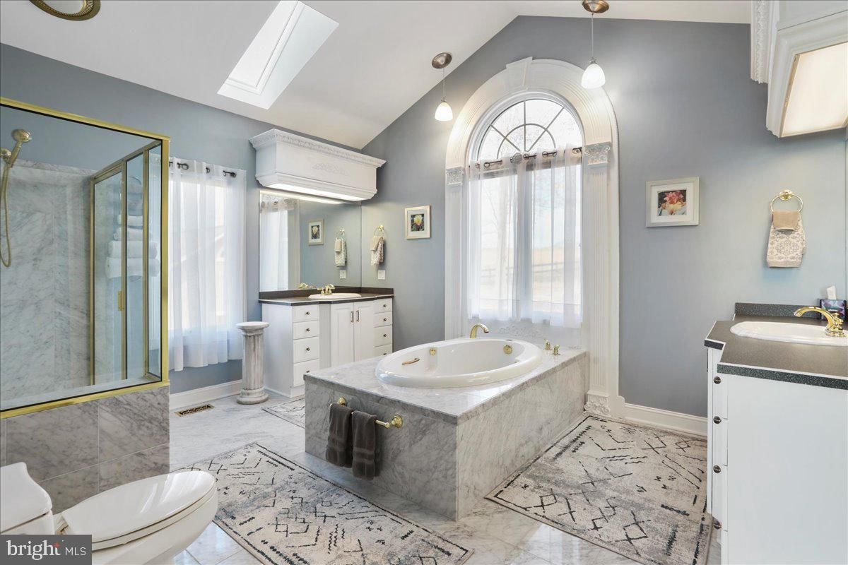 Bathroom, Dual Sink Vanities, Glass Shower, Interior, Pendant Lights