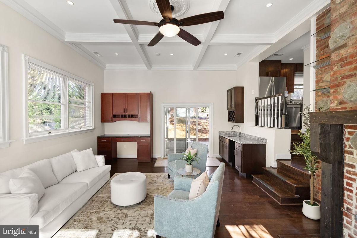 Interior, Kitchen, Living room, Recessed Lighting, Stainless Steel Appliances, Stone Walls, Wood Texture Flooring