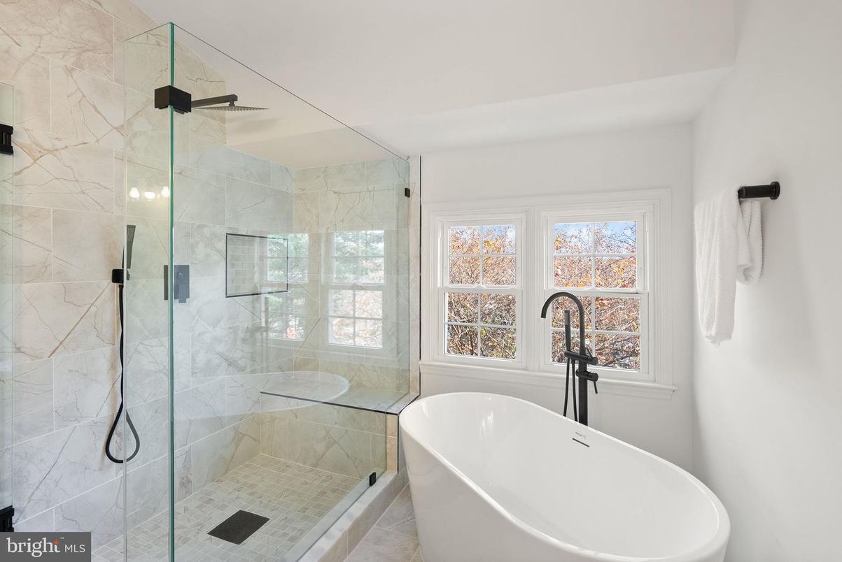 Bathroom, Free Standing Baths, Glass Shower, Interior, Marble Walls