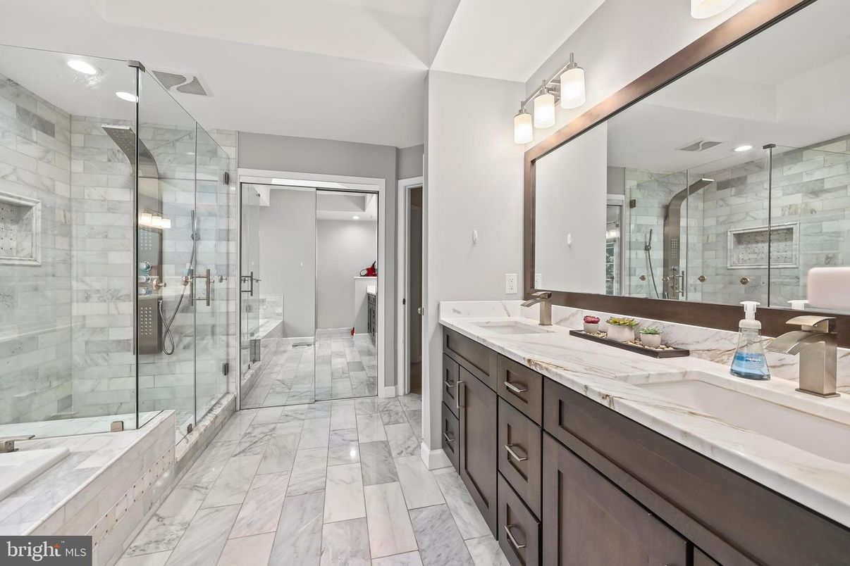 Bathroom, Dual Sink Vanities, Glass Shower, Interior, Marble, Recessed Lighting