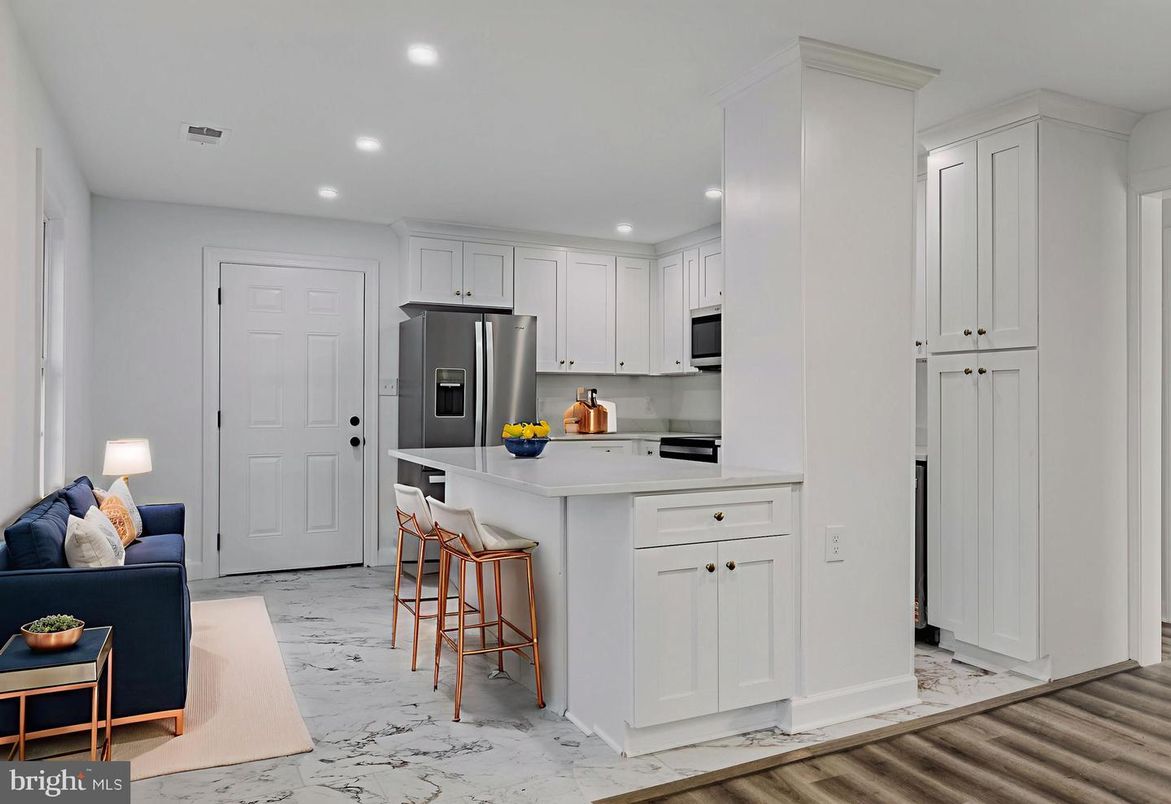 Interior, Kitchen, Marble, Recessed Lighting, Stainless Steel Appliances, Wood Texture Flooring