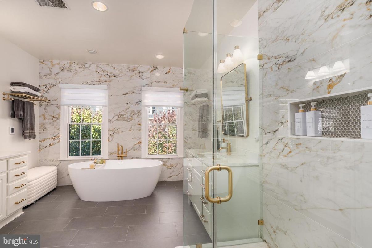 Bathroom, Free Standing Baths, Glass Shower, Interior, Marble Walls, Recessed Lighting