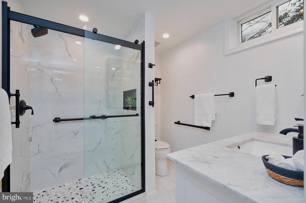 Bathroom, Glass Shower, Interior, Marble, Marble Walls, Recessed Lighting