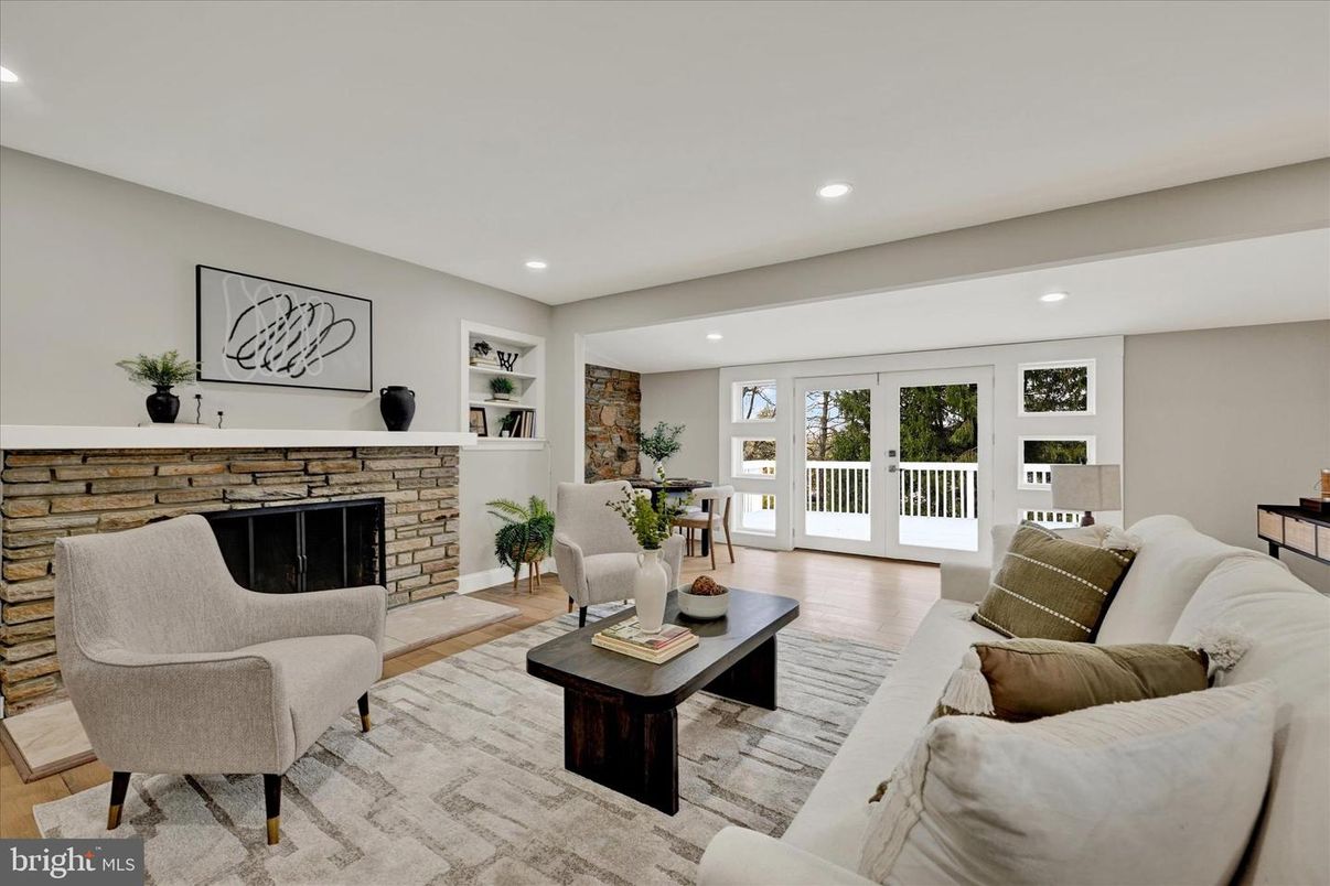 Fireplace, Interior, Living room, Recessed Lighting, Stone Walls, Wood Texture Flooring