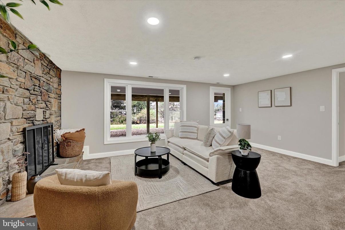 Fireplace, Interior, Living room, Recessed Lighting, Stone Walls